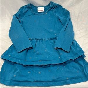 Hanna Andersson Teal Dress Stars Design Long Sleeves Ruffle Accent Size 4